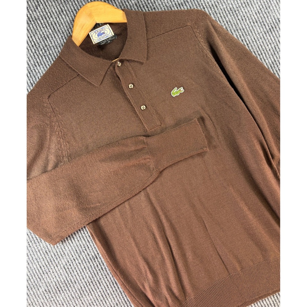 Izod Lacoste Mens Vintage Brown Knit Long Sleeve Polo Sweater M Hong Kong 80s